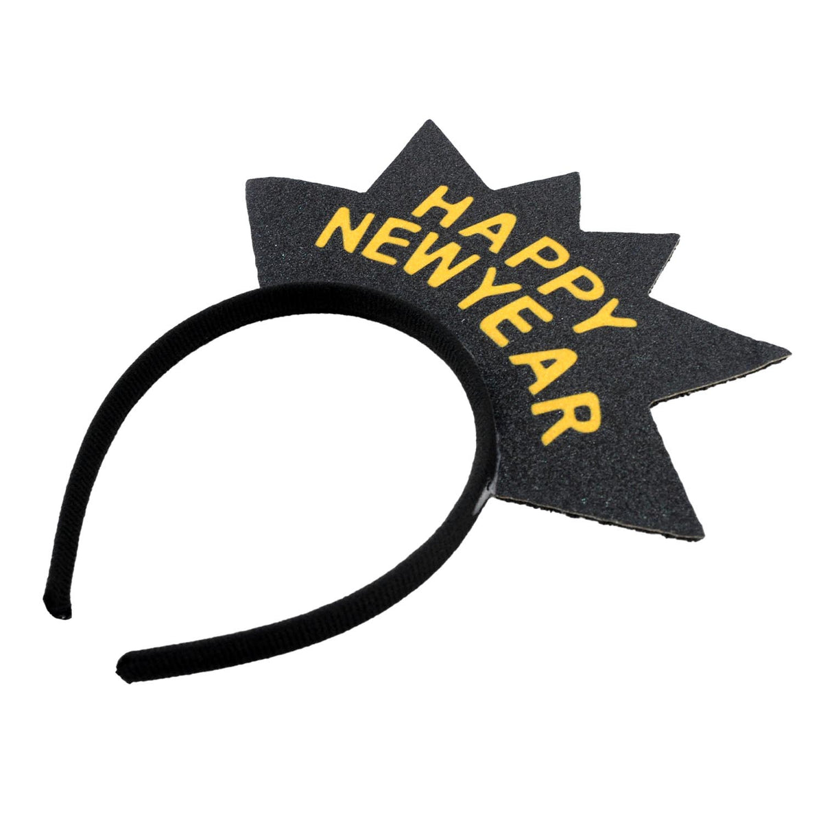 A black foam party headband with a starburst-shaped top printed with 'HAPPY NEW YEAR' in yellow lettering, shown on a plain white background.