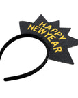 A black foam party headband with a starburst-shaped top printed with 'HAPPY NEW YEAR' in yellow lettering, shown on a plain white background.