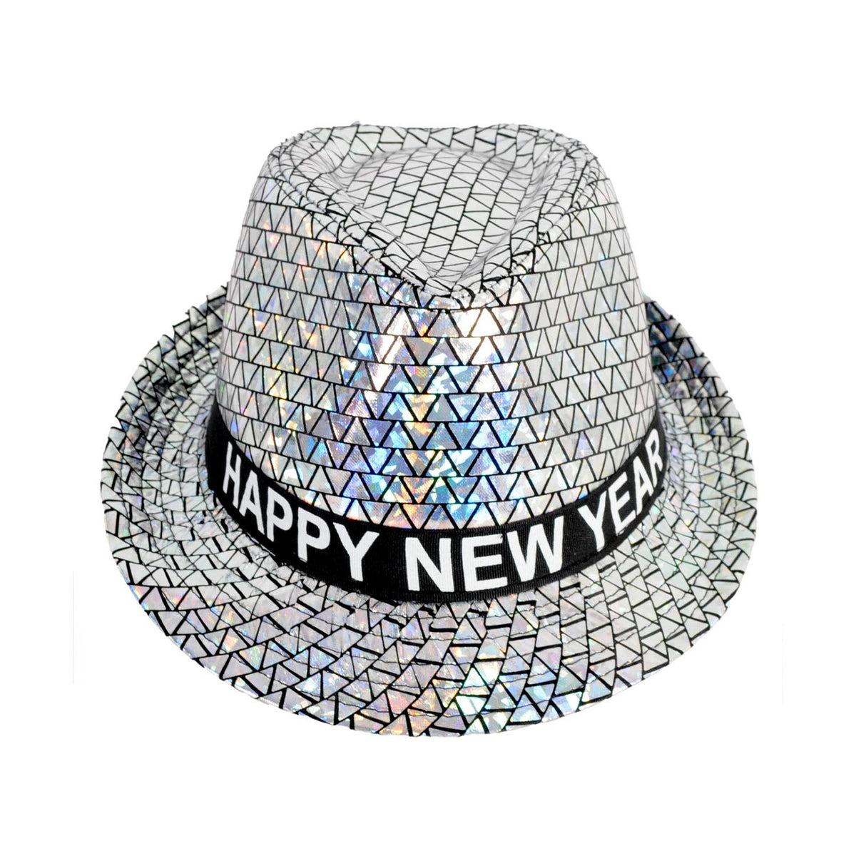 A silver holographic fedora hat with a black band that reads 'HAPPY NEW YEAR' in white letters, shown against a plain white background.