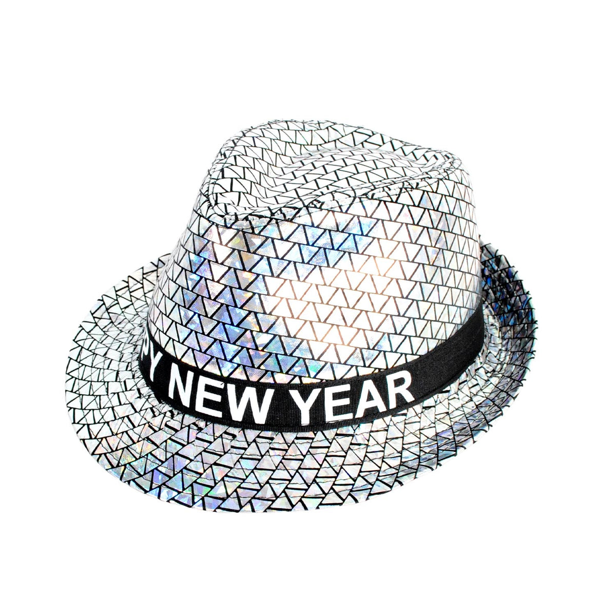 A silver holographic fedora hat featuring a black band with the text 'HAPPY NEW YEAR' in white capital letters, set against a plain white background.