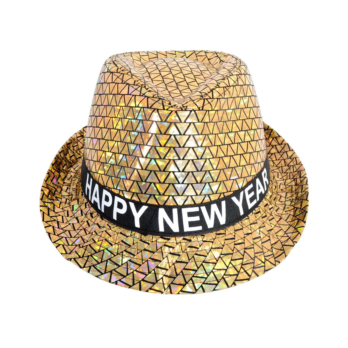 A gold metallic fedora hat with a black band featuring the white text 'HAPPY NEW YEAR' and a geometric triangle pattern.