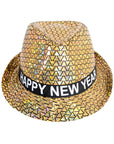 A gold metallic fedora hat with a black band featuring the white text 'HAPPY NEW YEAR' and a geometric triangle pattern.