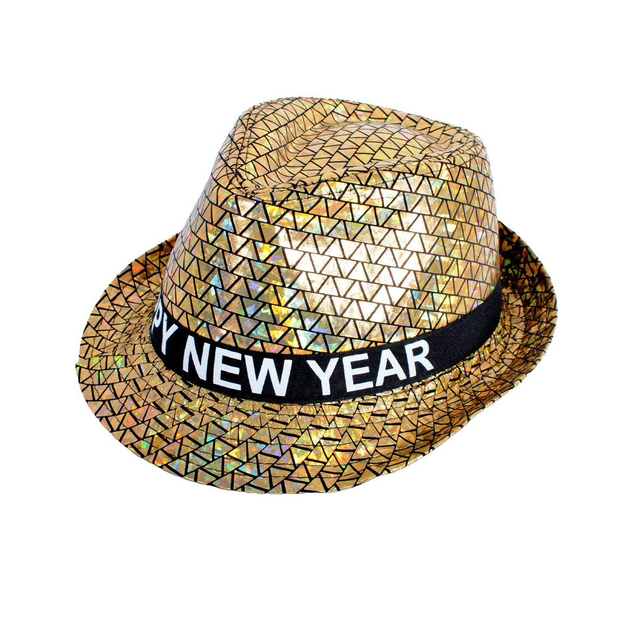 Happy New Year Metallic Trilby Hat (Black and Gold Triangles)