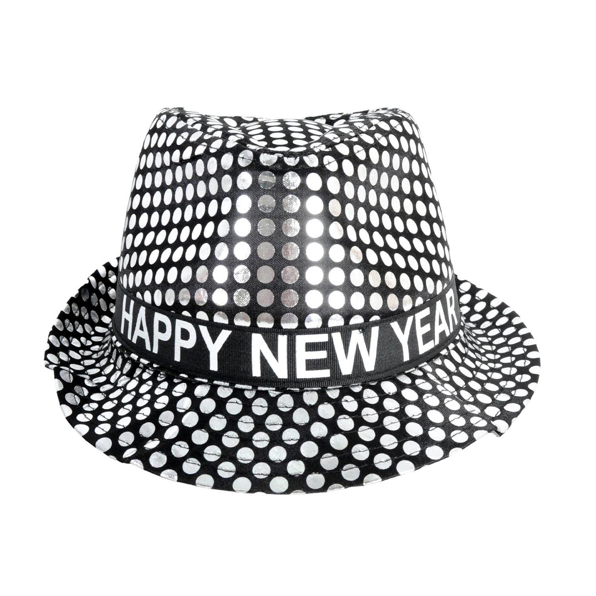 A black and silver polka dot fedora hat with a black band around the crown that reads 'HAPPY NEW YEAR' in white capital letters, shown on a plain white background.