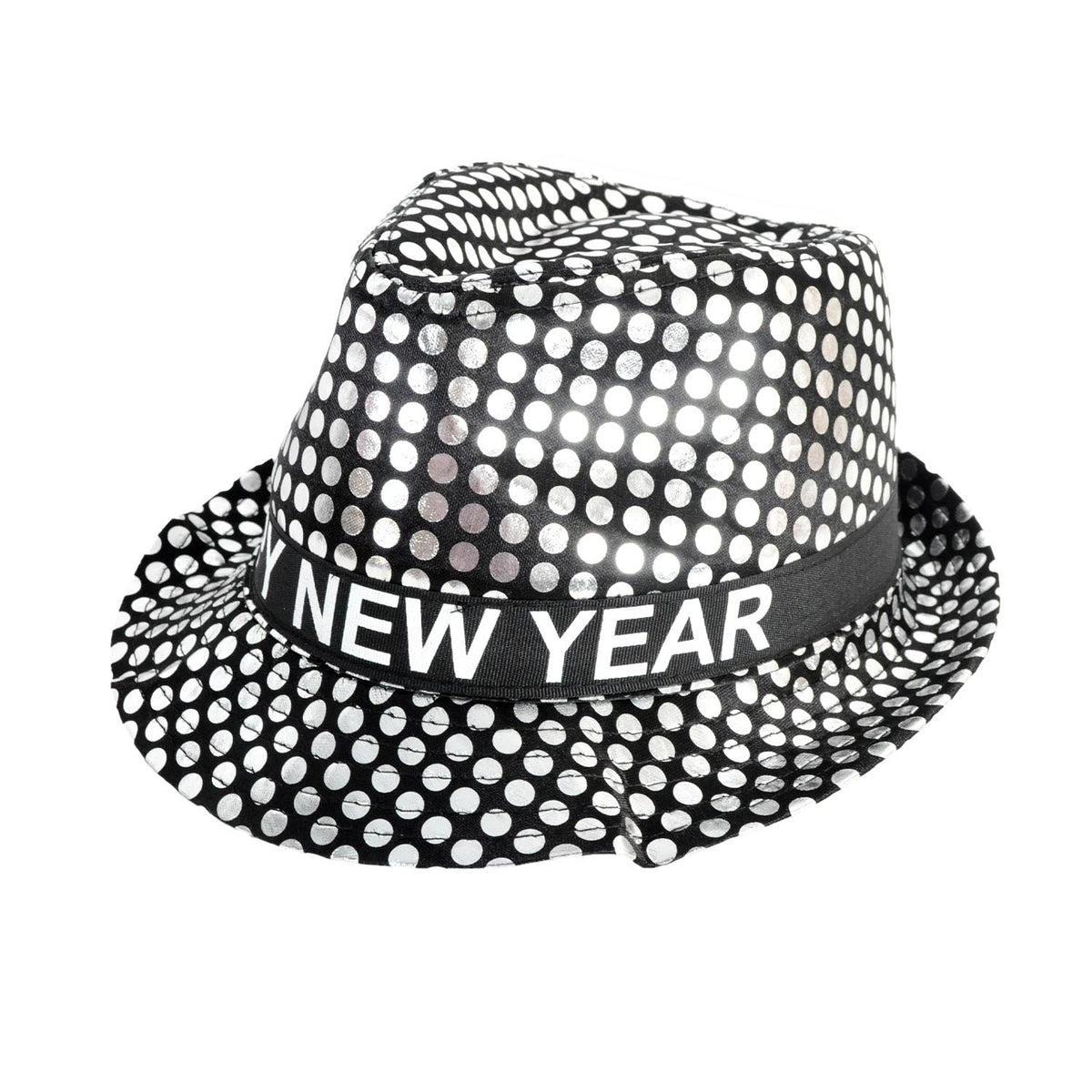 A black and silver polka-dot fedora hat with a black band around the crown that reads 'HAPPY NEW YEAR' in white letters, shown on a plain white background.