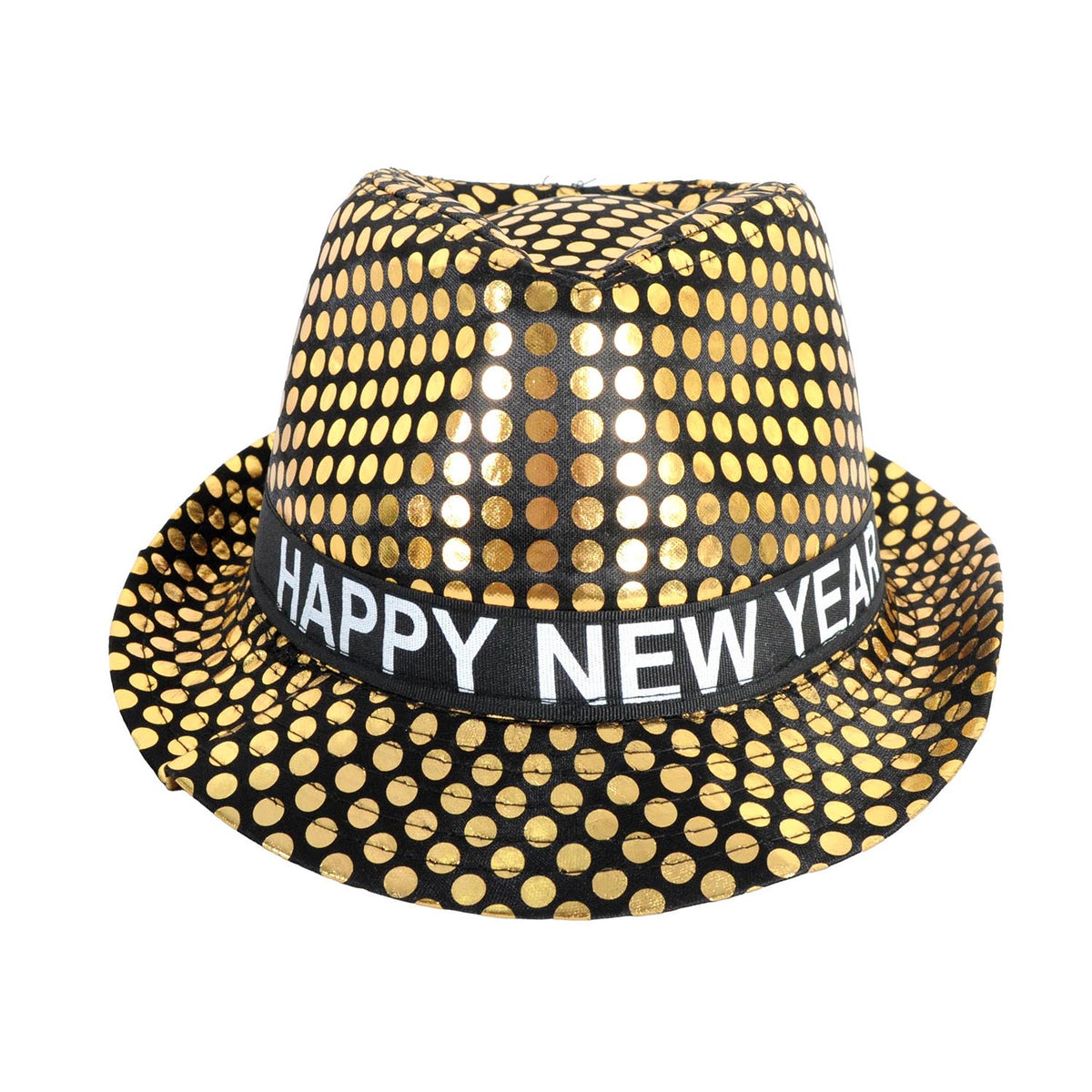 A black fedora hat covered in gold metallic dots, featuring a black band with 'HAPPY NEW YEAR' printed in white capital letters, set against a plain white background.