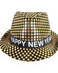 A black fedora hat covered in gold metallic dots, featuring a black band with 'HAPPY NEW YEAR' printed in white capital letters, set against a plain white background.
