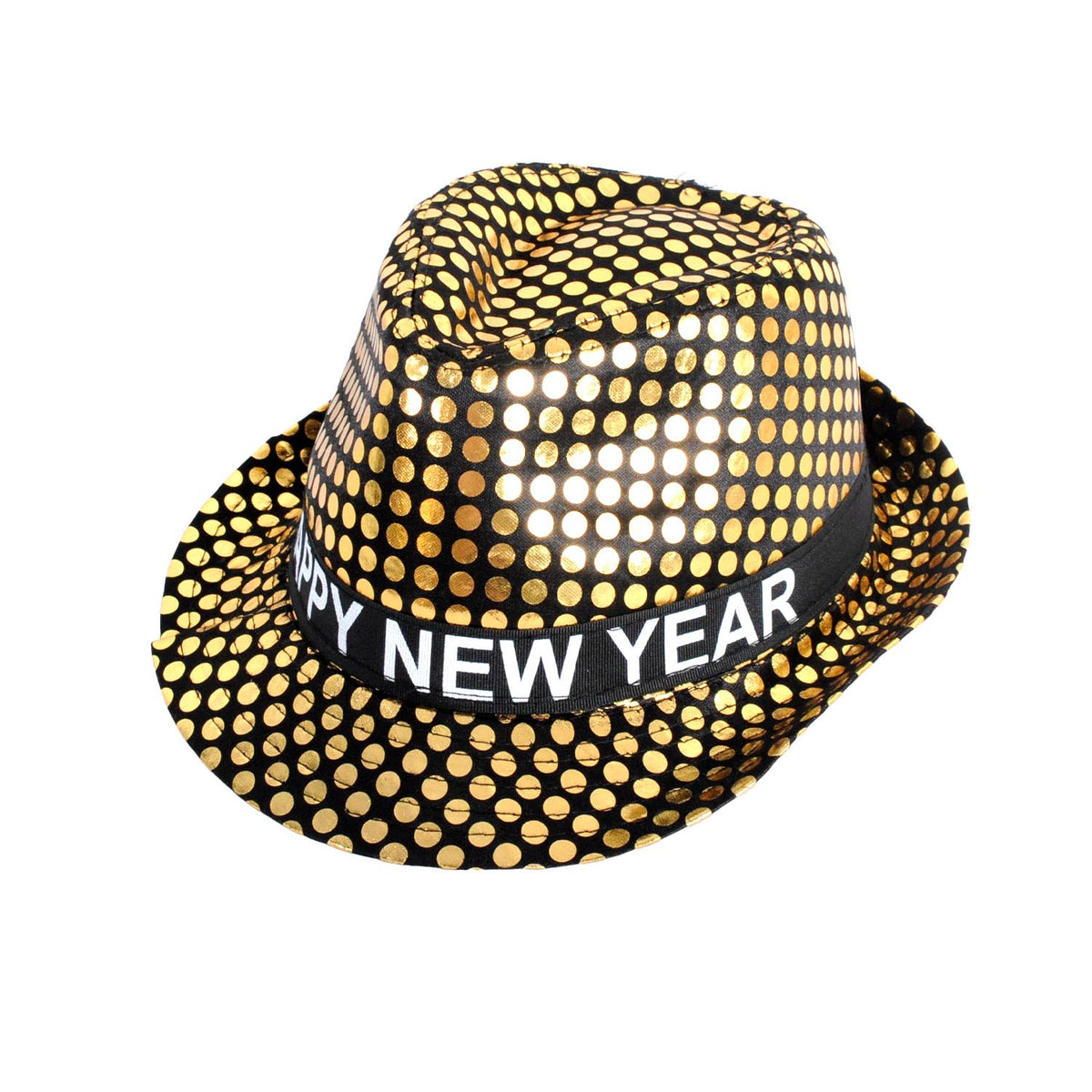 A black and gold dots metallic fedora hat with a black band around the crown that reads 'HAPPY NEW YEAR' in white letters, shown on a plain white background.