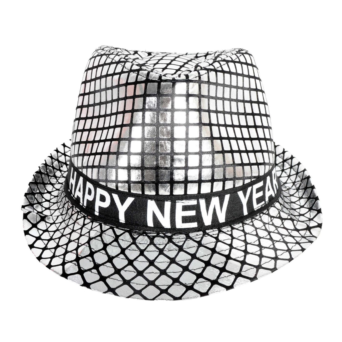 Happy New Year Metallic Trilby Hat (Black and Silver Squares)