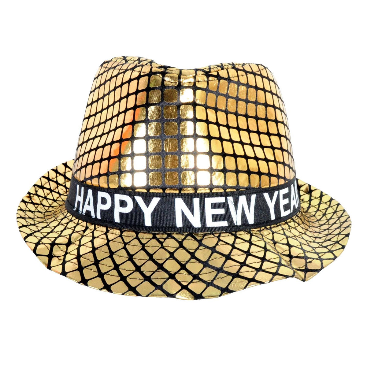 Happy New Year Metallic Trilby Hat (Black and Gold Squares)