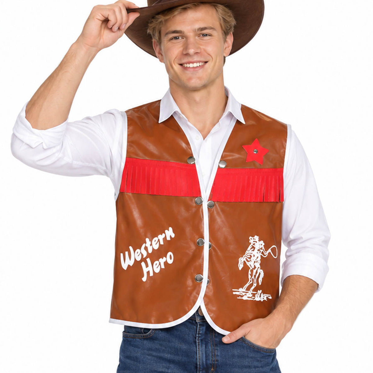 A man wearing a brown faux-leather Western vest with red fringe, white trim, a red star, and white 'Western Hero' graphics, styled with a brown cowboy hat, white shirt, and blue jeans against a white background.