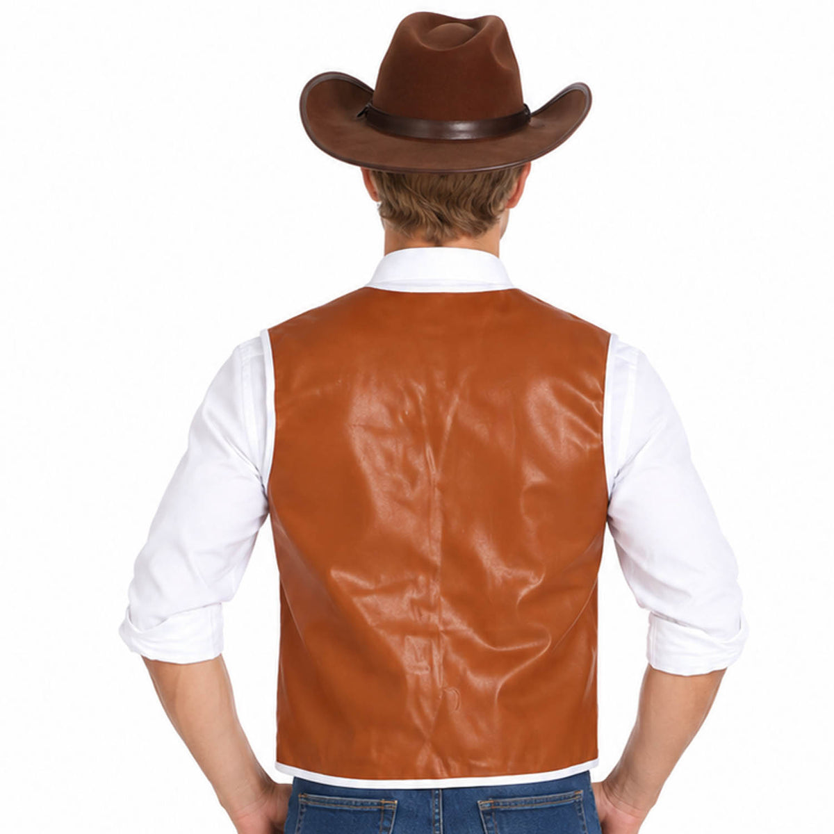 A man viewed from behind wearing a brown faux-leather cowboy vest over a white long-sleeve shirt and blue jeans, with a matching brown cowboy hat. The background is solid white.