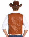 A man viewed from behind wearing a brown faux-leather cowboy vest over a white long-sleeve shirt and blue jeans, with a matching brown cowboy hat. The background is solid white.