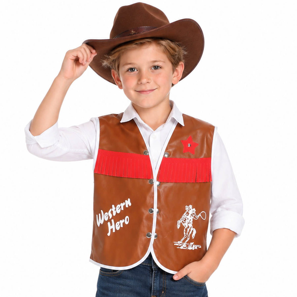 A young boy wearing a brown faux-leather Western vest with red fringe, a brown cowboy hat, a white collared shirt, and blue jeans, posing against a white background.