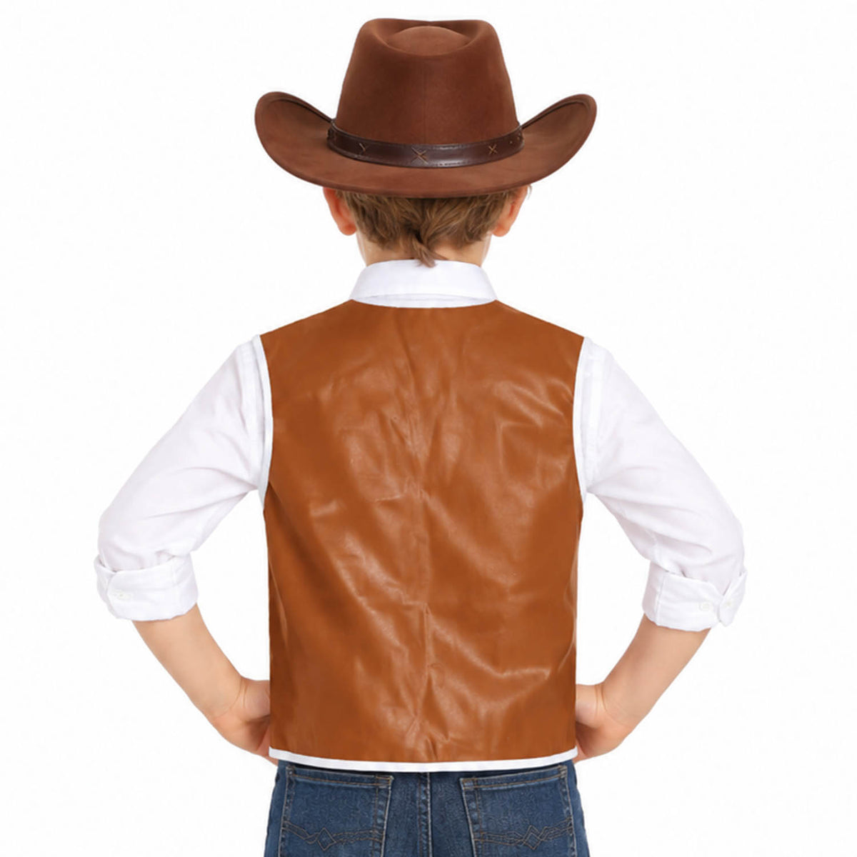 A child shown from the back wearing a brown cowboy hat, a brown faux-leather vest, a white collared shirt, and blue jeans against a plain white background.