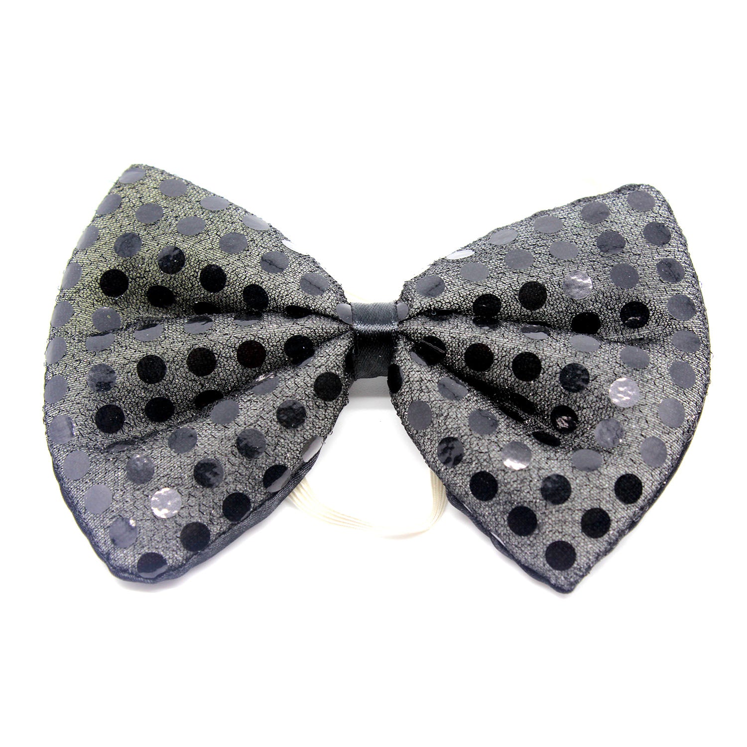 A black sequinned bow tie with a black mesh base shown against a plain white background.