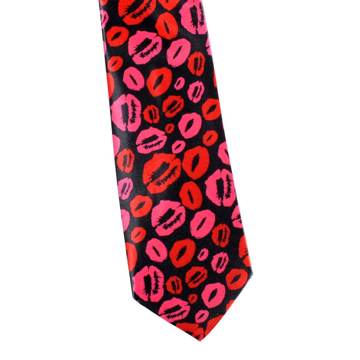 A necktie featuring a repeating pattern of red and hot pink lipstick kiss marks on a black background, shown against a plain white studio backdrop.