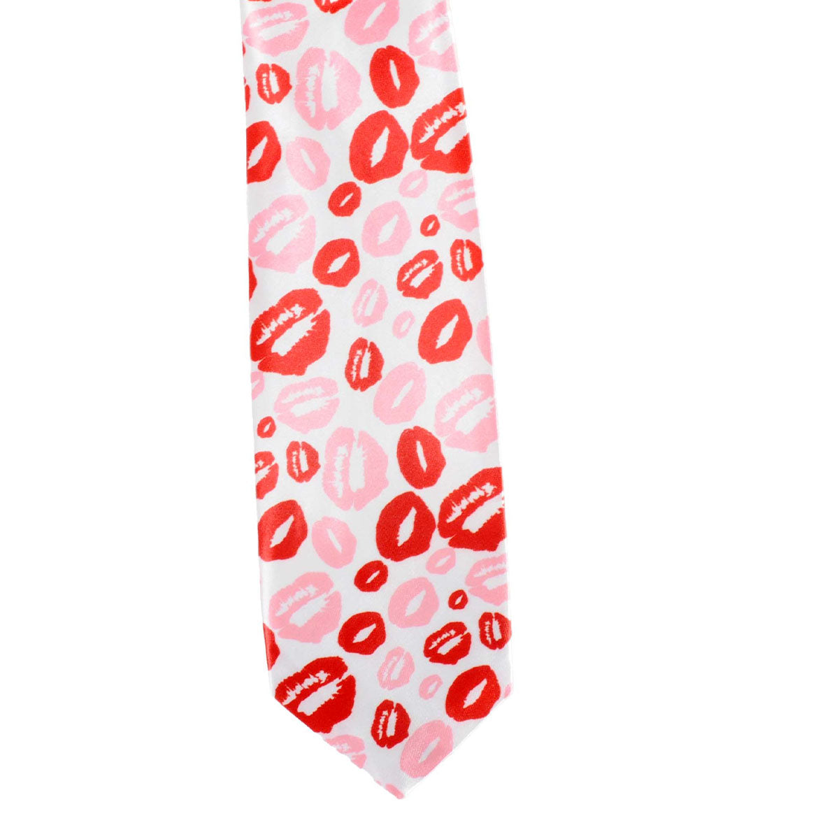 A white necktie featuring a playful pattern of red and pink lipstick kiss marks, isolated on a white background.