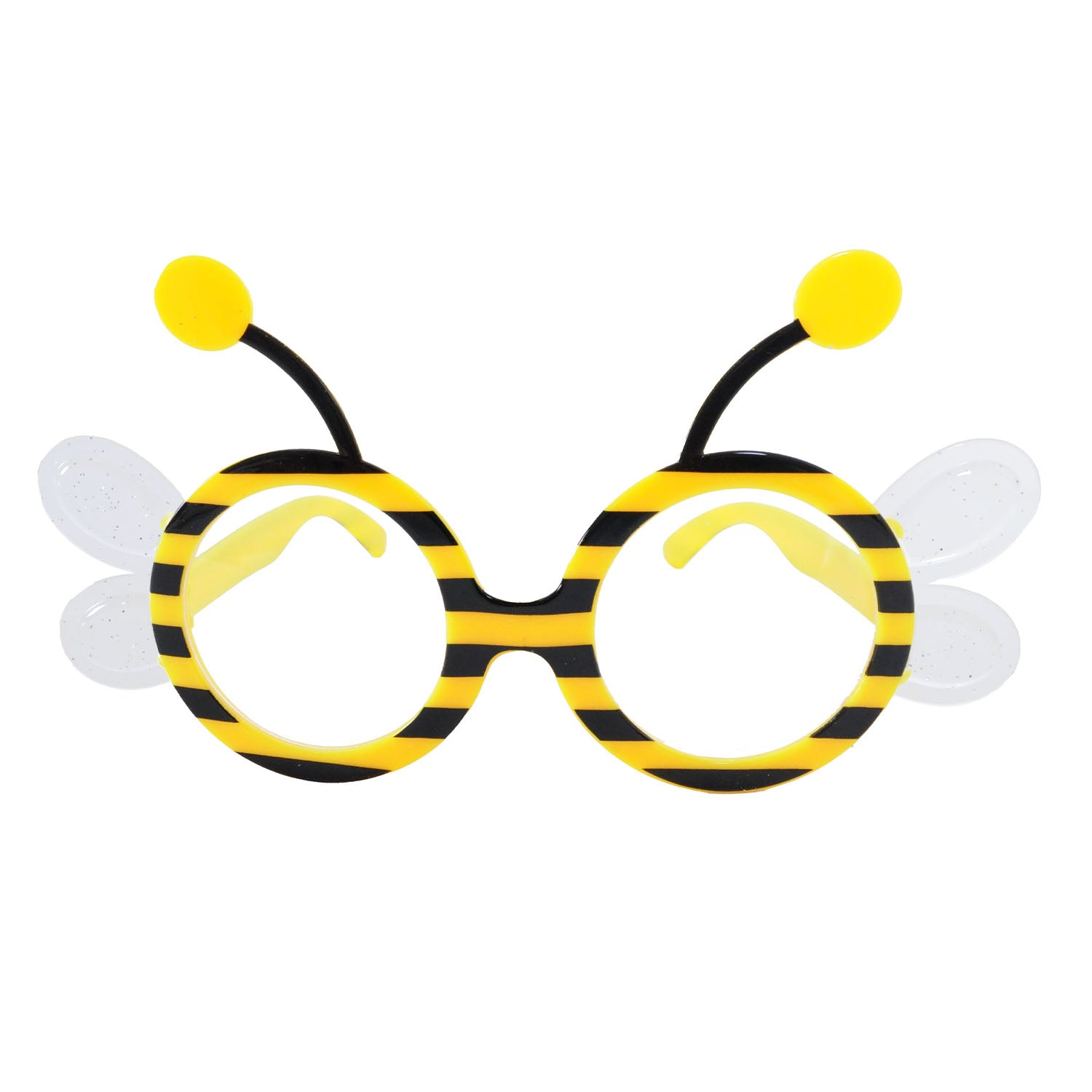 Bee-themed novelty glasses with yellow and black stripes on a white background