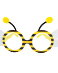 Bee-themed novelty glasses with yellow and black stripes on a white background