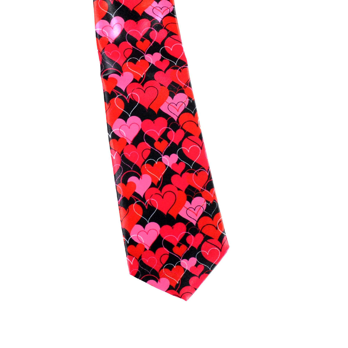 A necktie featuring a dense pattern of overlapping hearts in red, pink, and hot pink on a black background, isolated on a white studio background.