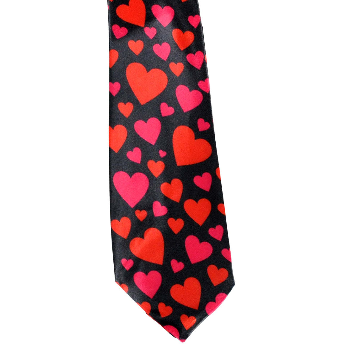 A black necktie with a repeating pattern of red and pink hearts of various sizes, shown against a plain white background.