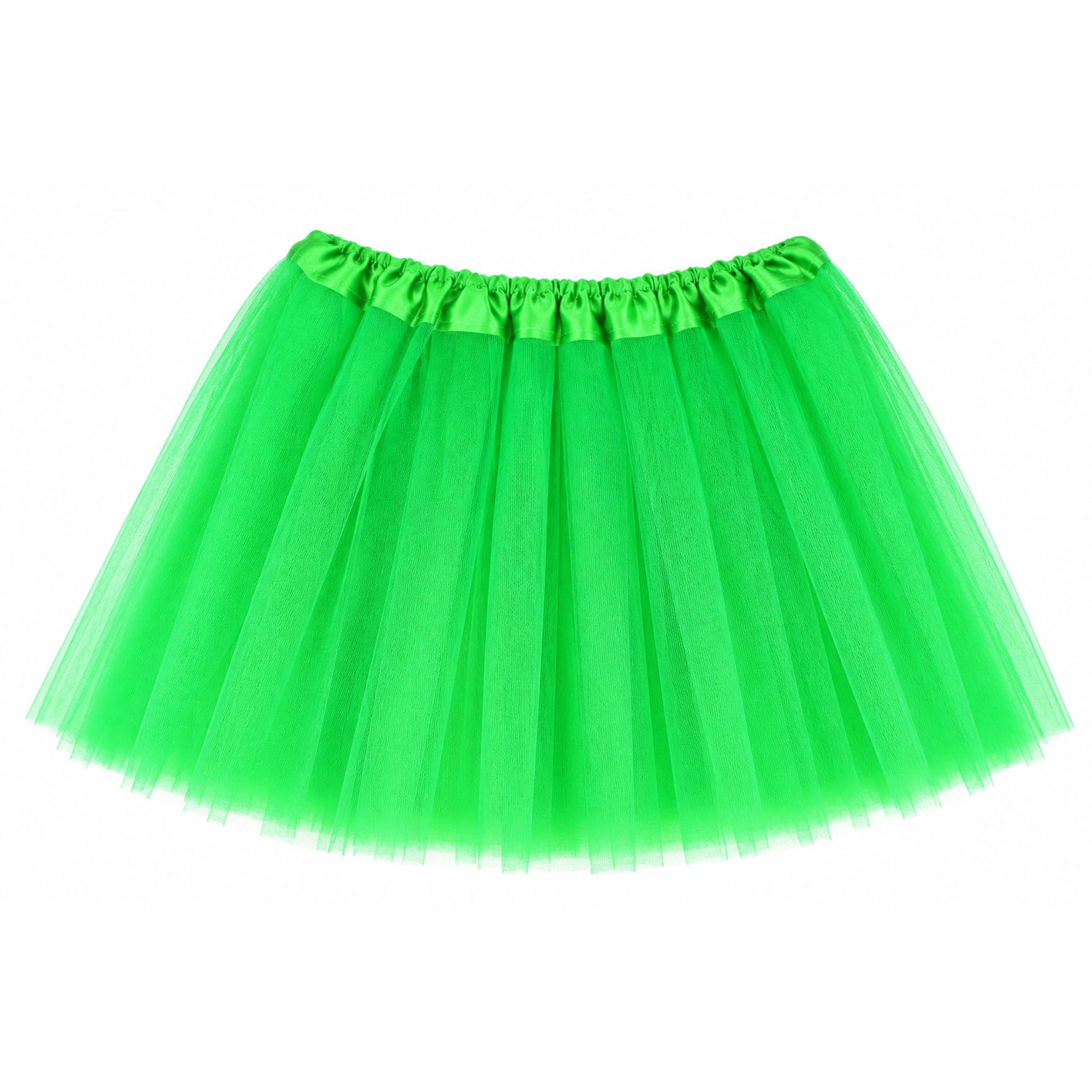 A bright neon green tulle tutu skirt with a matching green satin elastic waistband, shown against a plain white background.
