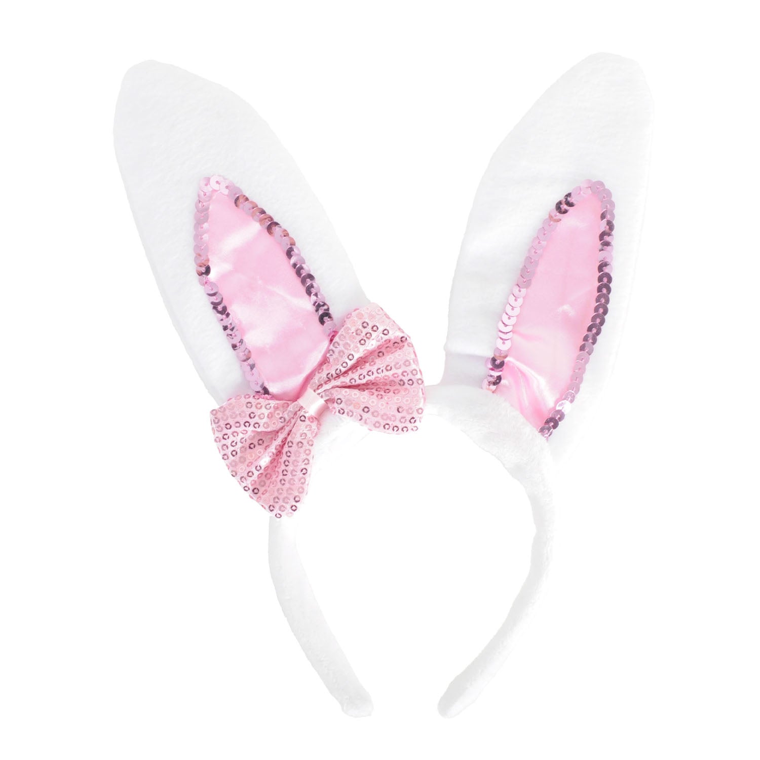 White bunny ears with pink sequin bow on a white background