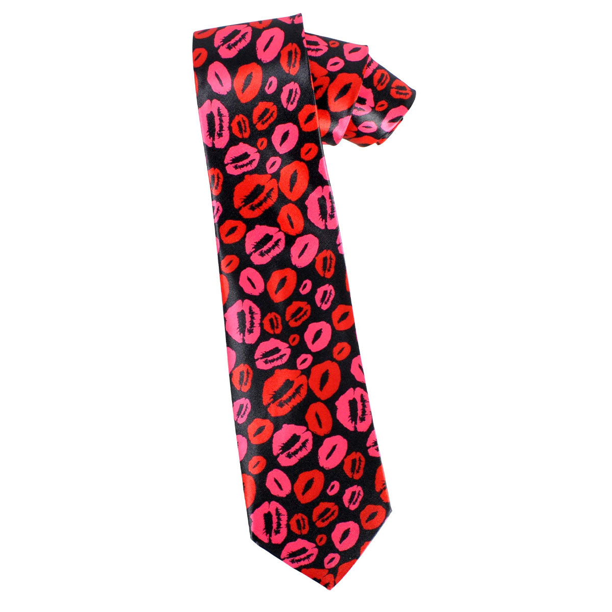 A necktie with a bold pattern of pink and red lipstick kiss marks on a black background, shown against a plain white studio backdrop.