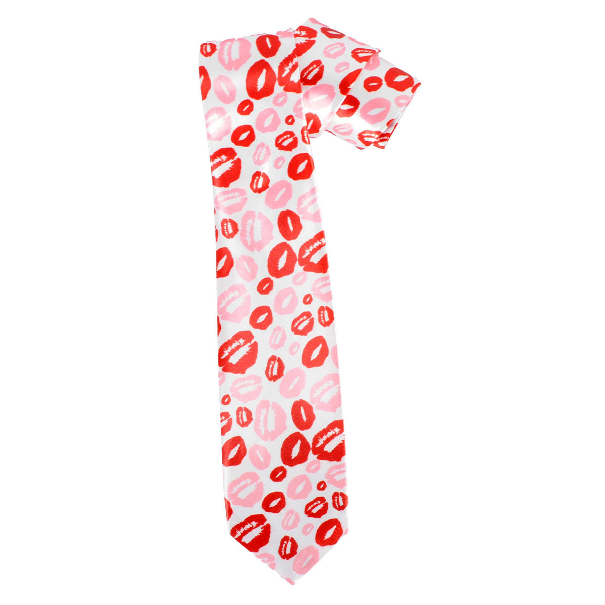 A white necktie featuring a repeating pattern of red and pink lipstick kiss marks, shown on a plain white background.