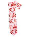 A white necktie featuring a repeating pattern of red and pink lipstick kiss marks, shown on a plain white background.