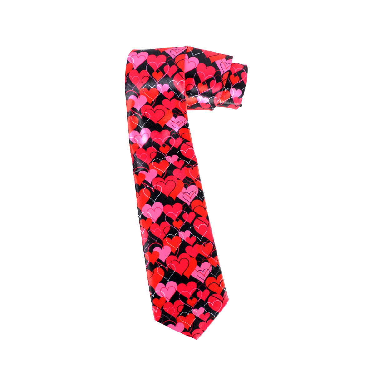 A necktie with a repeating pattern of red, pink, and light pink hearts on a black background, isolated on a white studio background.
