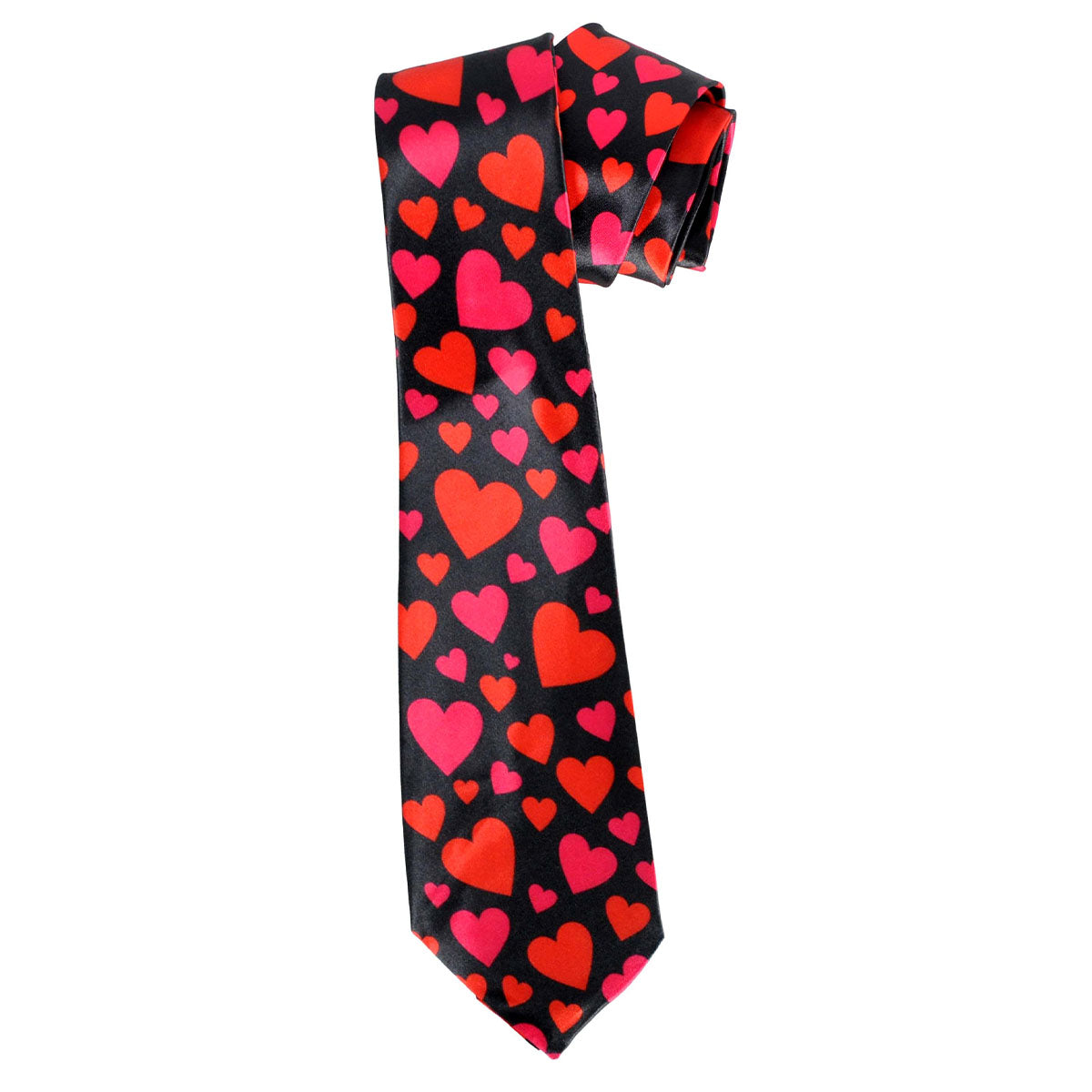 A black necktie with an all-over pattern of red and pink hearts, shown on a plain white background.
