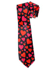A black necktie with an all-over pattern of red and pink hearts, shown on a plain white background.