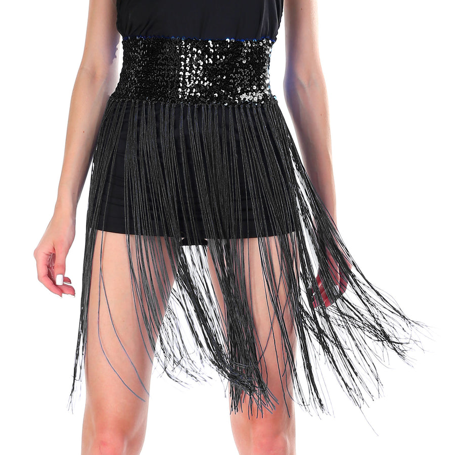 Sequin Belt with Fringe Skirt (Black)