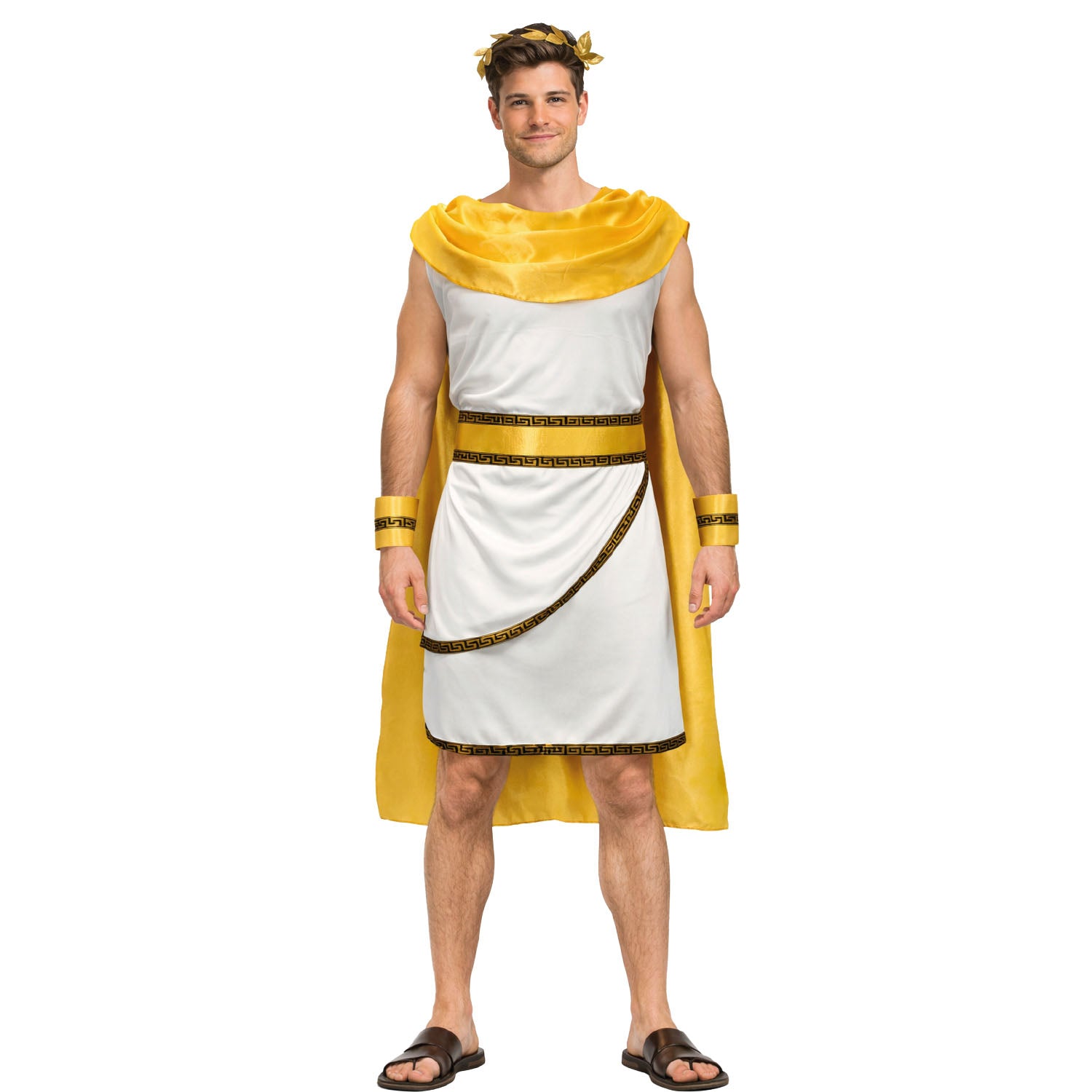 Man wearing a Roman emperor costume with a yellow cape and white toga on a white background