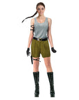 Person wearing a costume with green shorts, black boots, and a gray tank top on a white background