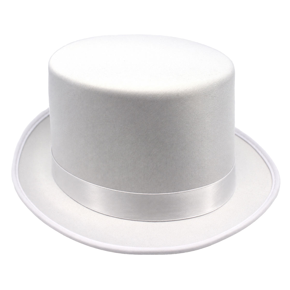 A white satin top hat with a matching wide brim and a satin band around the crown, shown on a plain white background.