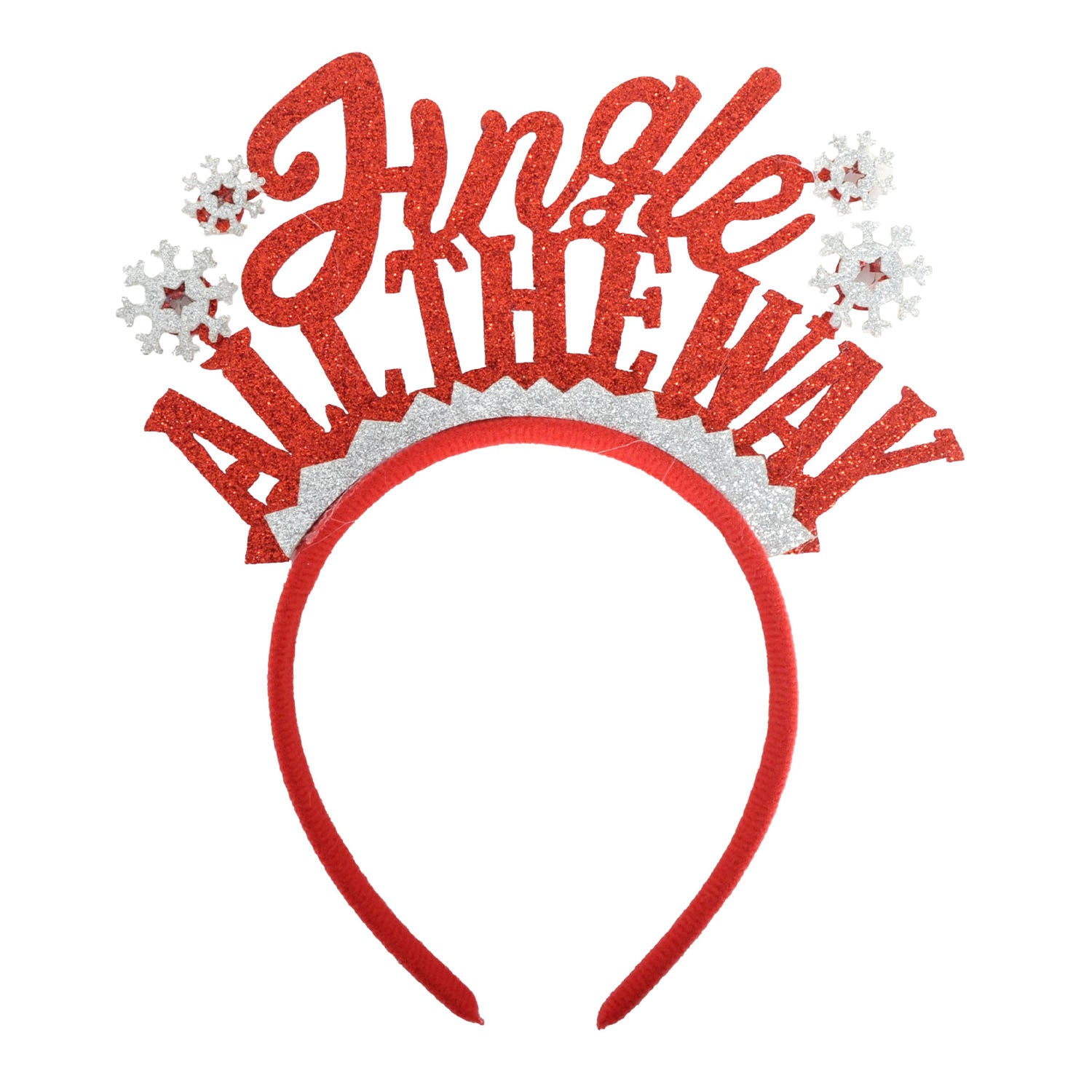Red headband with 'Jingle All the Way' text and snowflake decorations on a white background