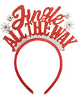 Red headband with 'Jingle All the Way' text and snowflake decorations on a white background