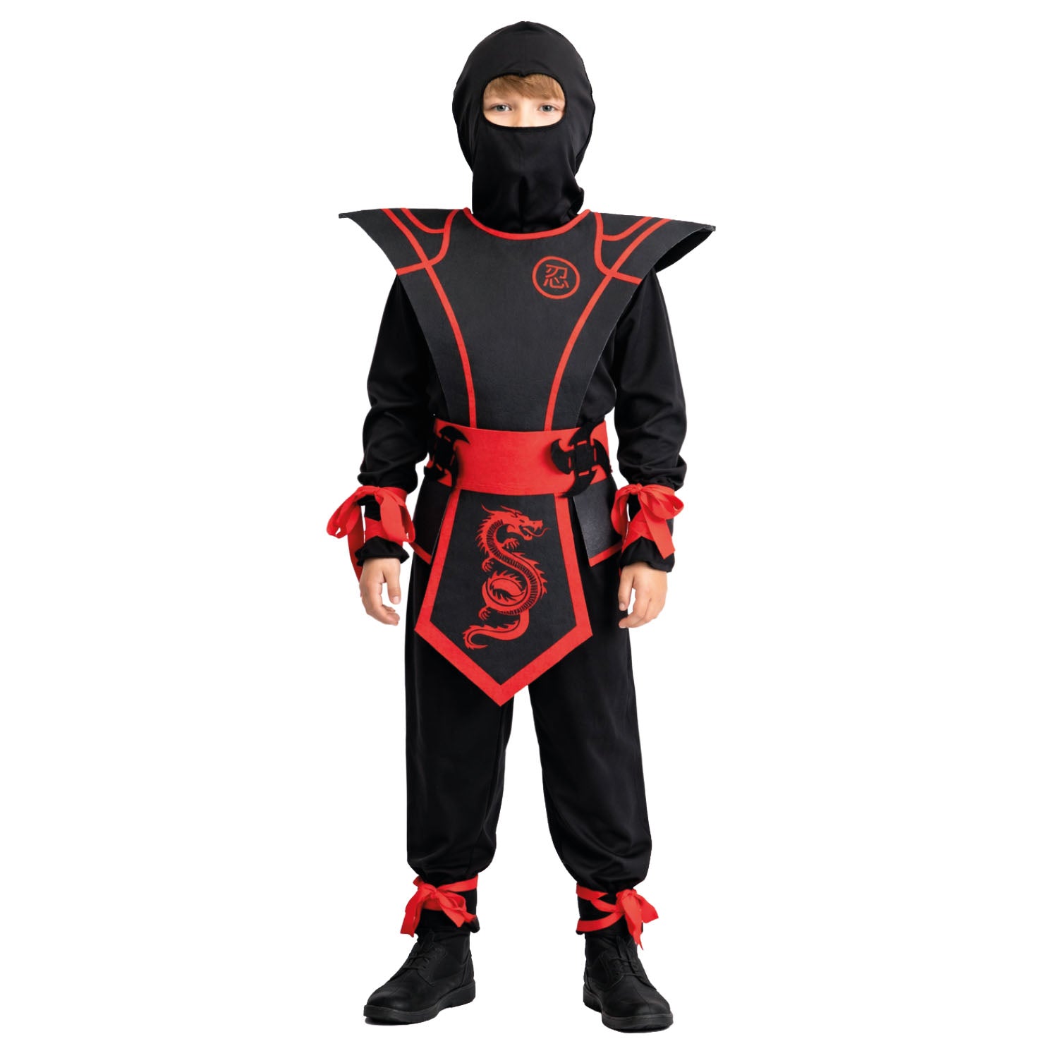 Child wearing a black and red ninja costume on a white background