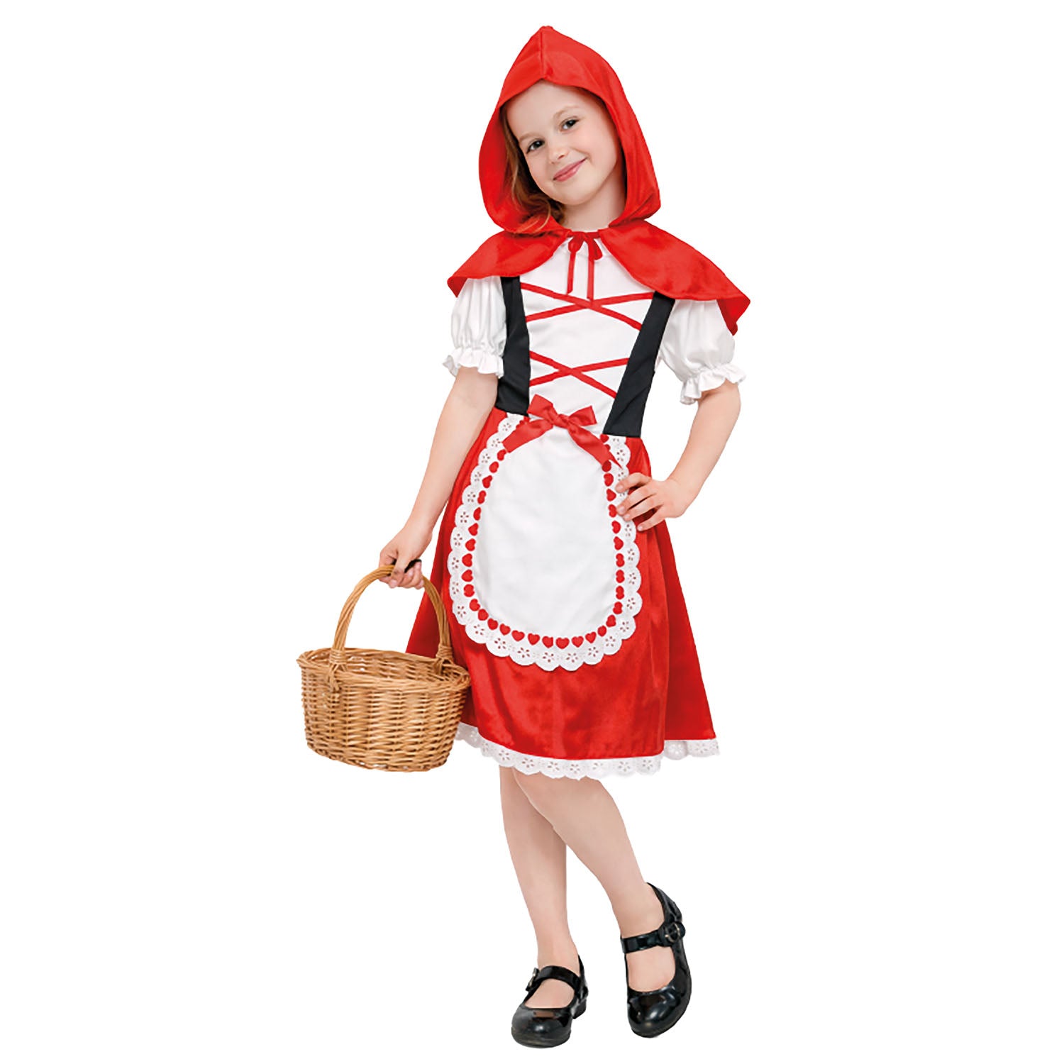 Child wearing a Red Riding Hood costume holding a basket on a white background
