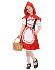 Child wearing a Red Riding Hood costume holding a basket on a white background