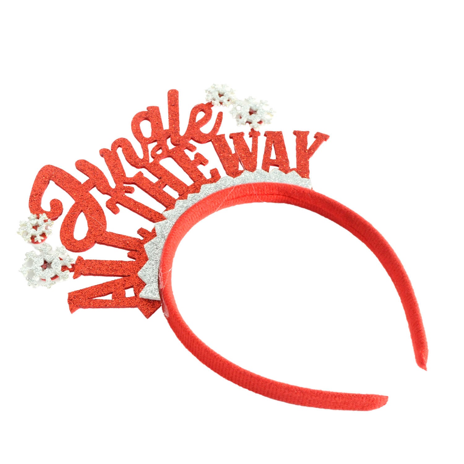 Red headband with 'Jingle All The Way' text on a white background