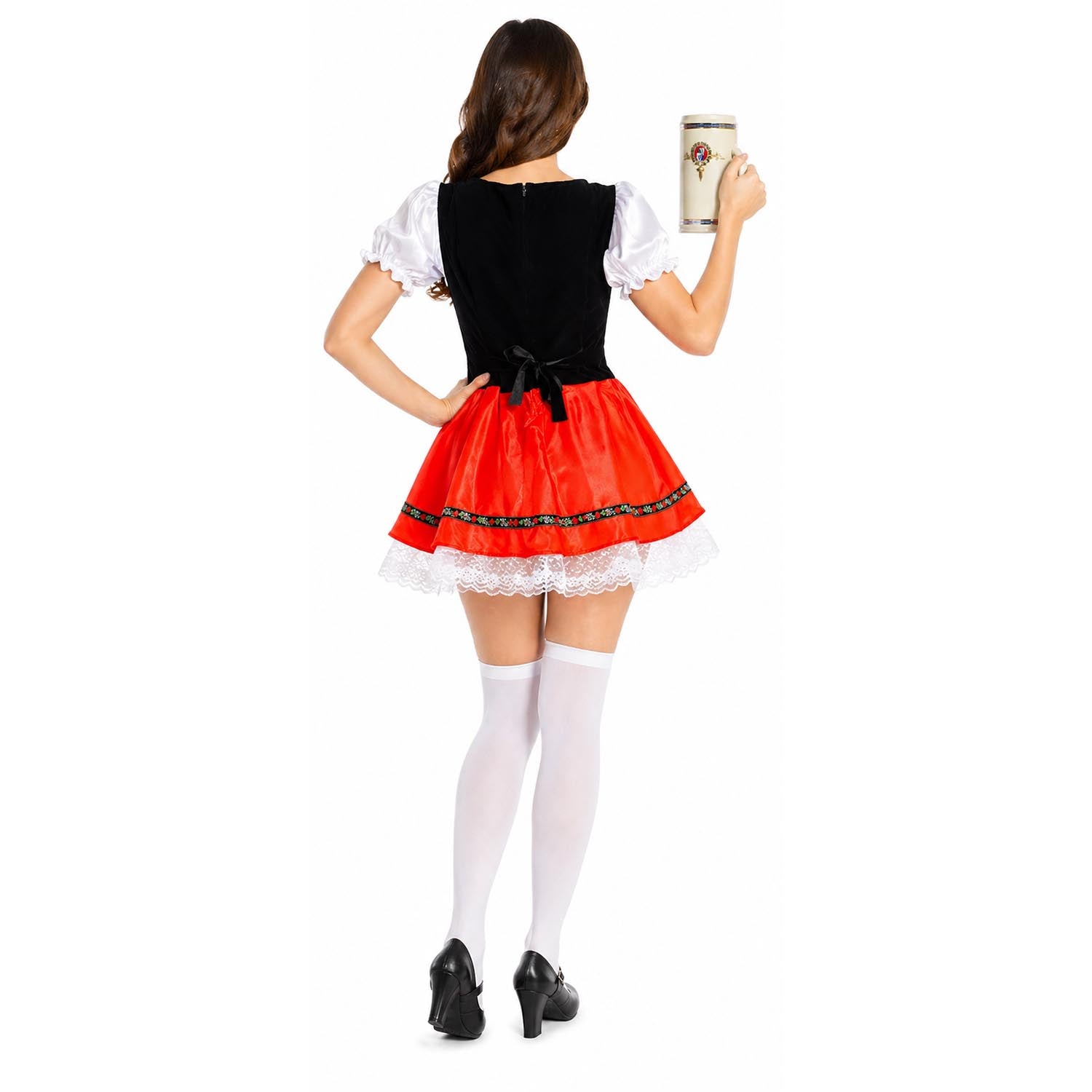 Person wearing a black and red dress with white stockings and shoes, holding a can.