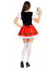 Person wearing a black and red dress with white stockings and shoes, holding a can.