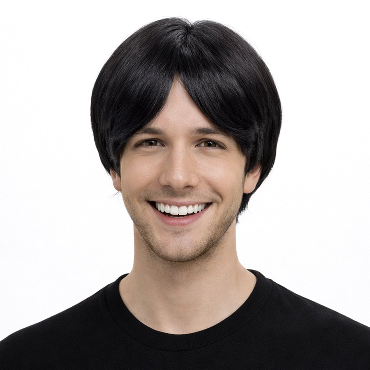 Person wearing a black wig on a white background