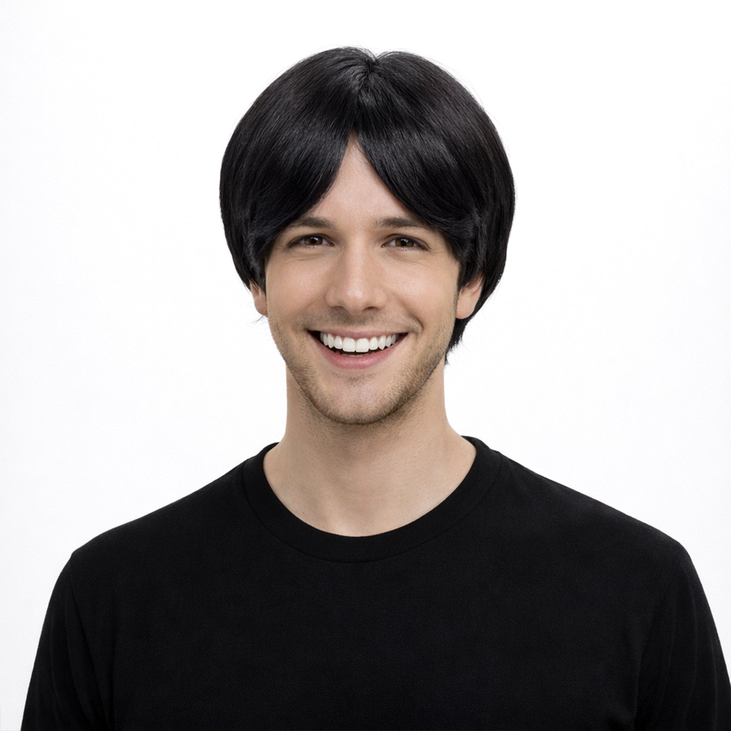 Person wearing a black wig on a white background