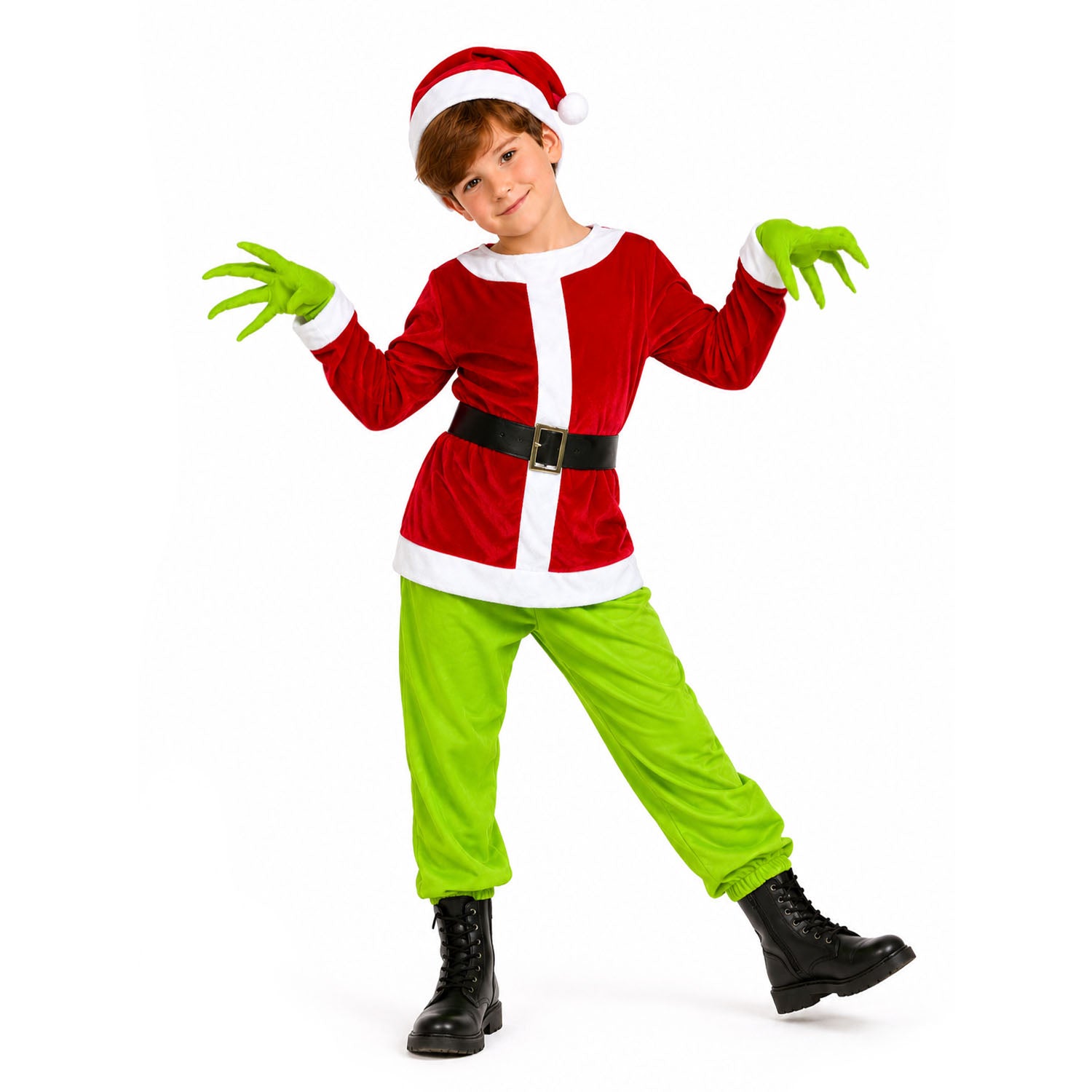 A child modeling a Grinch-inspired Christmas costume on a solid white background. The costume includes a red velvet long-sleeve top with white trim, bright lime green pants, green claw gloves, a red and white Santa hat, and a black belt with a silver buckle.