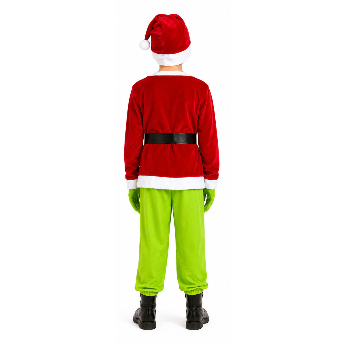 A child shown from the back wearing a Santa Grinch-inspired costume, featuring a red velvet top with white trim, a black belt, lime green pants, a red Santa hat, and black boots, on a solid white background.